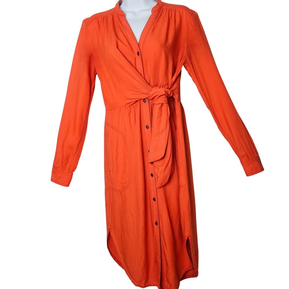 Maeve Anthropologie Shirt Dress 4 Orange Linen‎ Blend Tie Front Midi Pockets